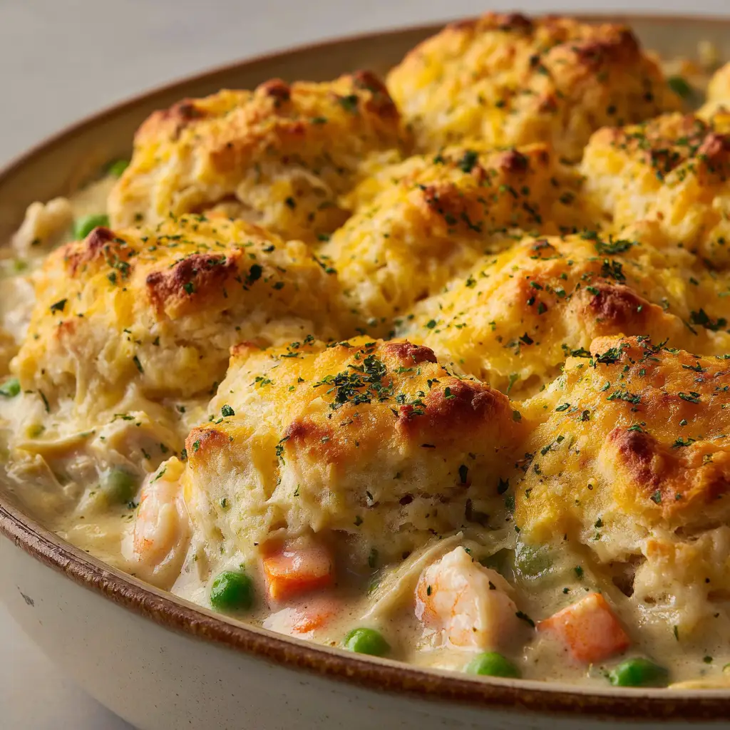 Rustic Seafood Pot Pie with Cheddar Drop Biscuits