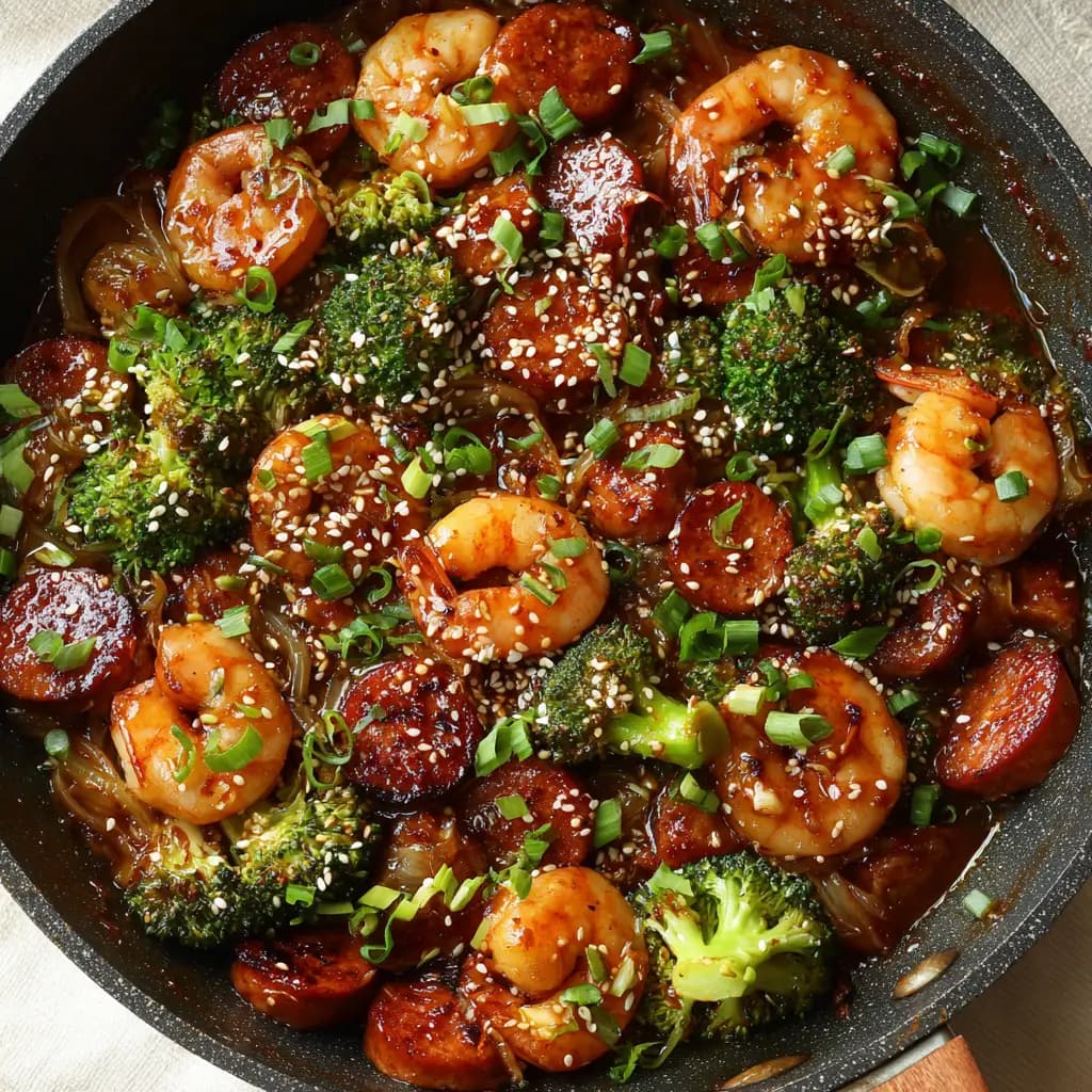 Honey Garlic Shrimp and Sausage Skillet with Broccoli