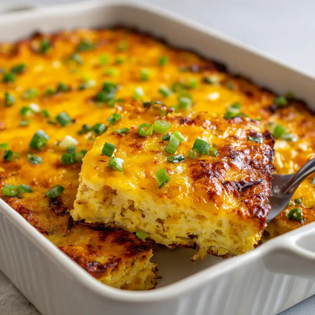 Crispy Potato Breakfast Casserole with Fluffy Eggs & Cheddar