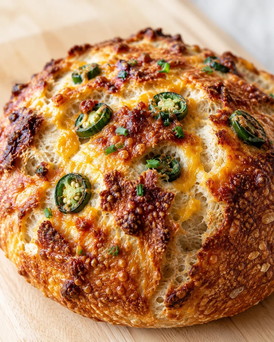 Jalapeño Cheddar Sourdough Bread with Spicy Cheesy Crust