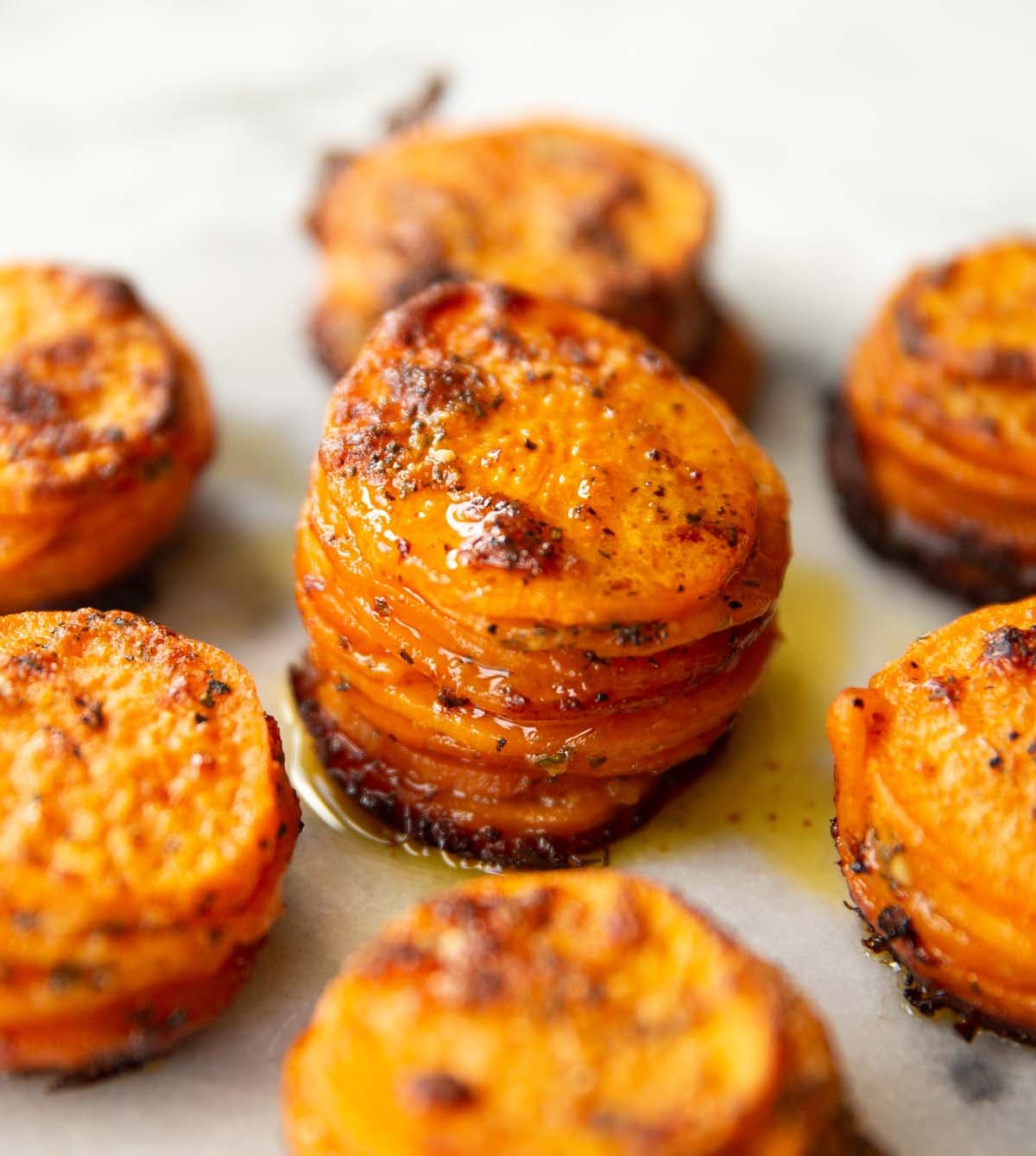 Garlic Butter Sweet Potato Stacks with Parmesan and Rosemary