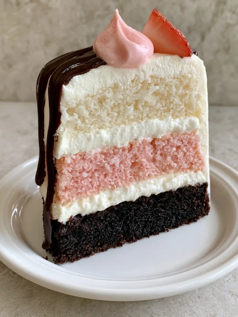 Neapolitan Cake with Chocolate Drip and Strawberry Center