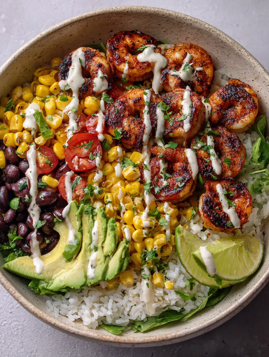 Grilled Shrimp Bowl with Fire-Roasted Corn and Lime Crema