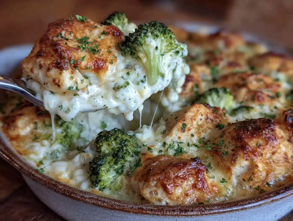 One-Pan Chicken Broccoli Rice Casserole with Cheddar and Fluffy Rice